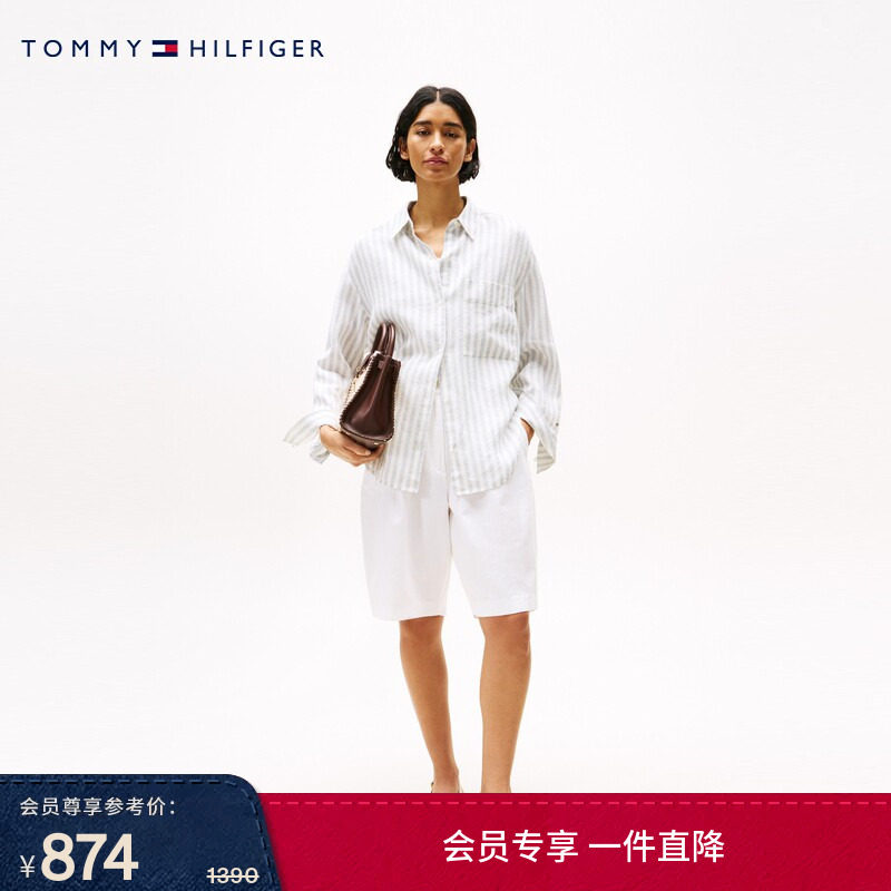 Tommy春夏女装棉麻混纺休闲通勤度假风垂感宽松阔腿休闲白色短裤