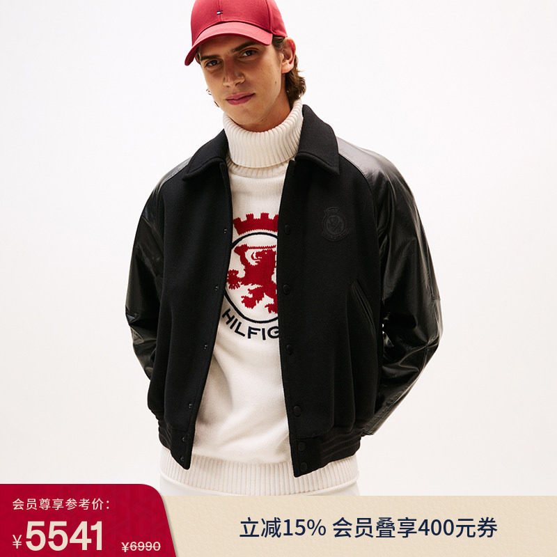 Tommy秋冬男女羊毛混纺牛皮拼接美式潮流宽松翻领棉服夹克外套