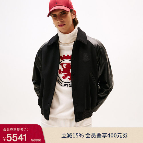 Tommy男装牛皮拼接翻领棉服夹克