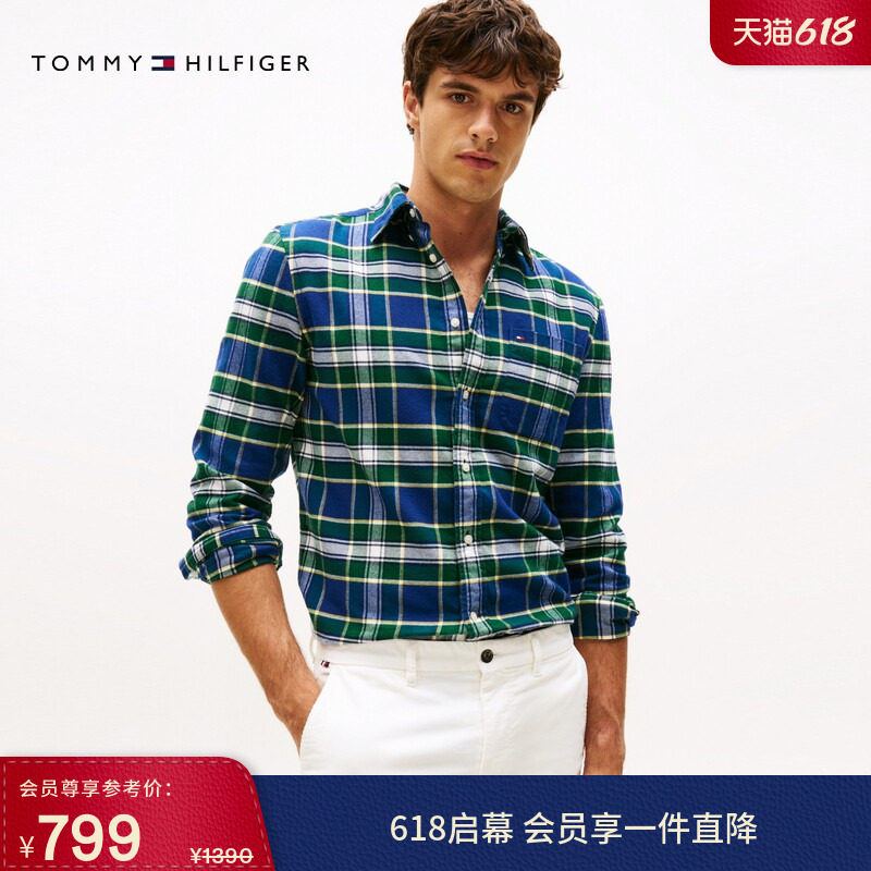 Tommy秋冬男装纯棉法兰绒磨毛美式复古休闲格纹长袖衬衣衬衫外套