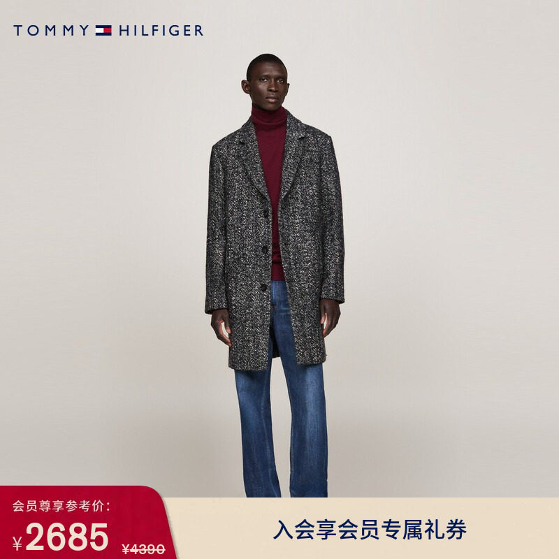 Tommy秋冬男装羊毛混纺人字纹商务休闲中长款翻领毛呢大衣外套