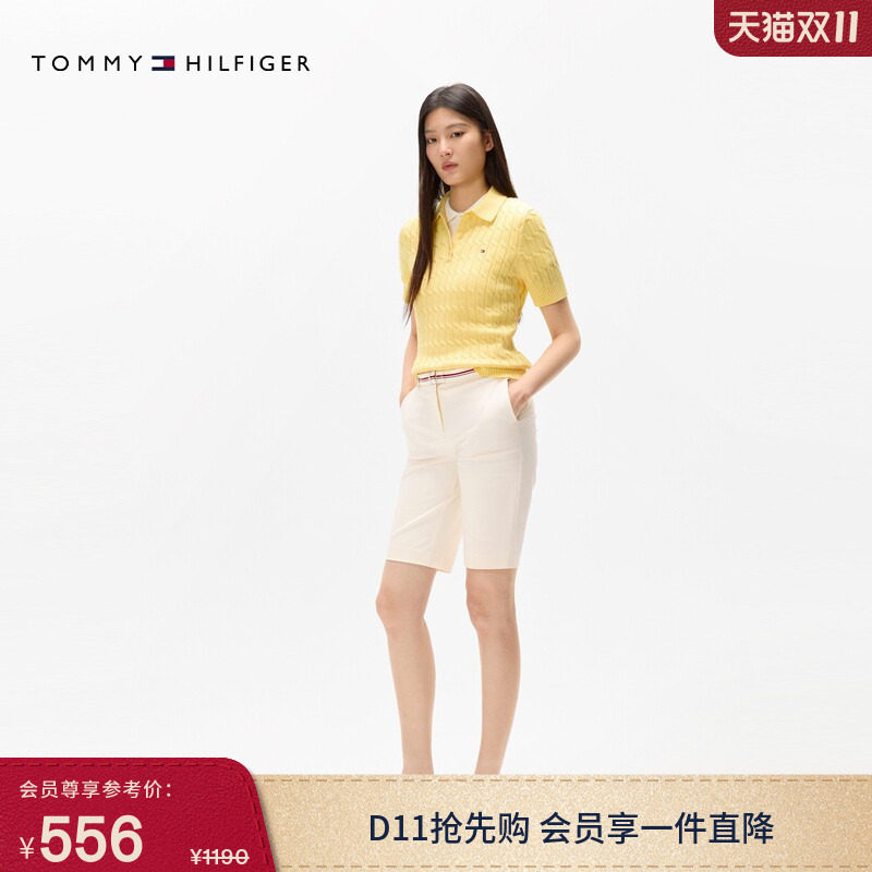 Tommy26春夏女装莱赛尔微弹拼色腰带经典商务休闲通勤修身短裤