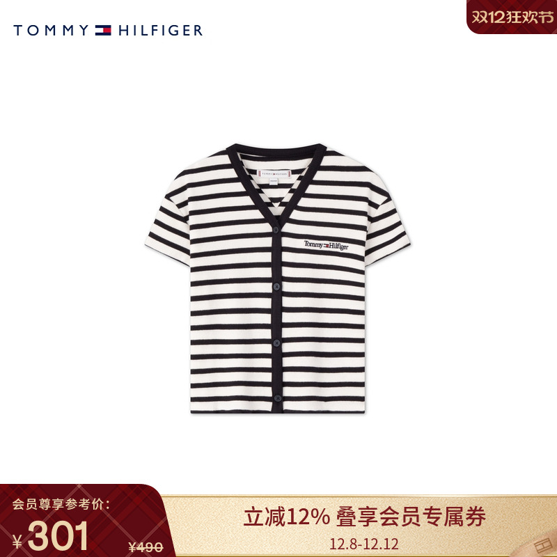Tommy童装女条纹刺绣V领短袖上衣