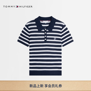 针织衫 桑蚕丝混纺优雅通勤刺绣条纹POLO短袖 女装 Tommy26早春新款