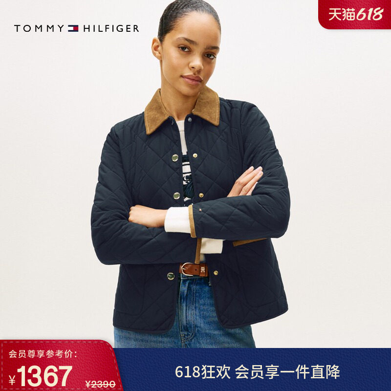 【防水】Tommy秋冬女装巴恩风轻薄菱格灯芯绒翻领收腰棉服外套