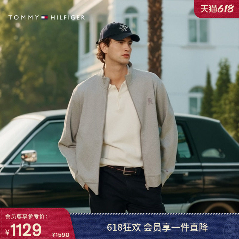 【防泼水】Tommy26春夏新款男装纯棉双面布植绒字母开衫卫衣外套