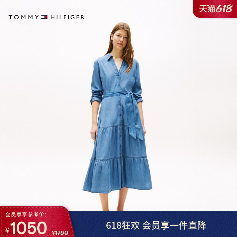 Tommy春夏女装莱赛尔混纺文艺风收腰显瘦V领牛仔衬衫长裙连衣裙