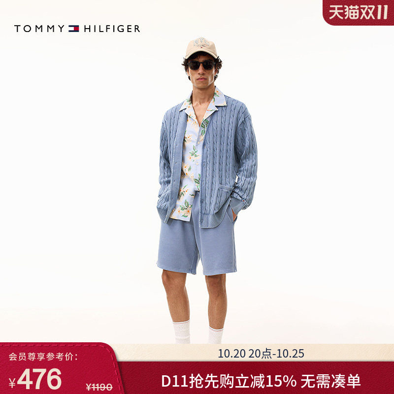 Tommy春夏男装纯棉双面平纹针织抽绳腰做旧休闲宽松篮球运动短裤