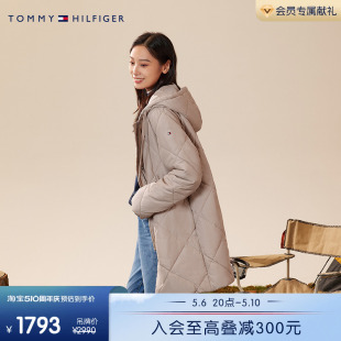 Tommy 通勤菱格刺绣直筒合身中长保暖连帽铺棉夹克外套40203 女装