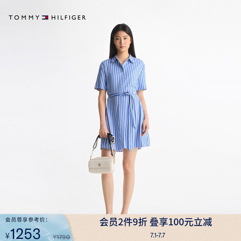 Tommy25新款夏季女装休闲通勤系带收腰显瘦条纹衬衫裙连衣裙03906