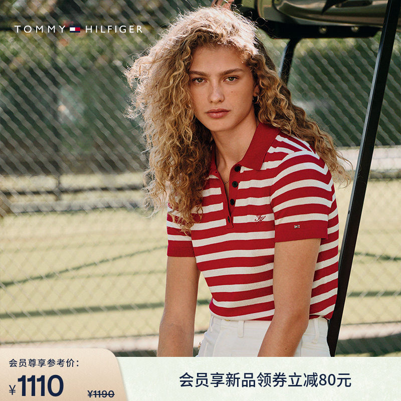 Tommy26春夏女装轻薄桑蚕丝混纺优雅通勤刺绣条纹POLO短袖针织衫