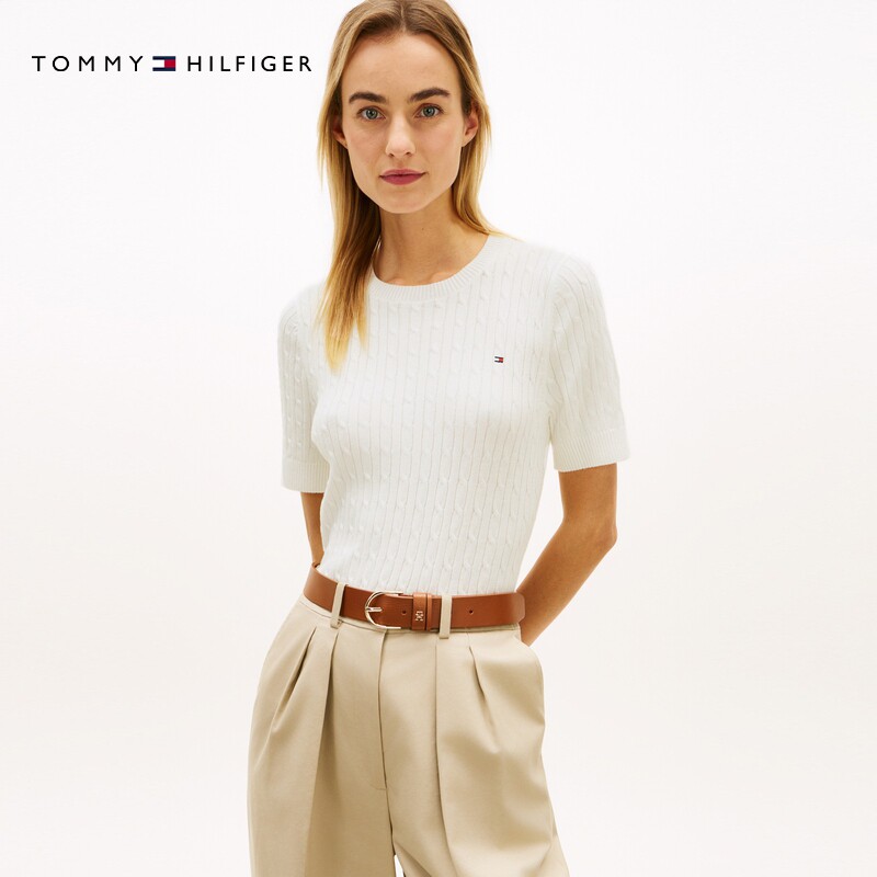 【绞花肌理】Tommy26秋冬新款女纯棉优雅圆领麻花短袖针织衫毛衣