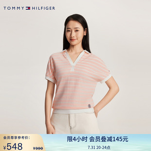 41889 Tommy夏季 女装 莱赛尔微弹休闲通勤条纹宽松V领短袖 T恤POLO衫