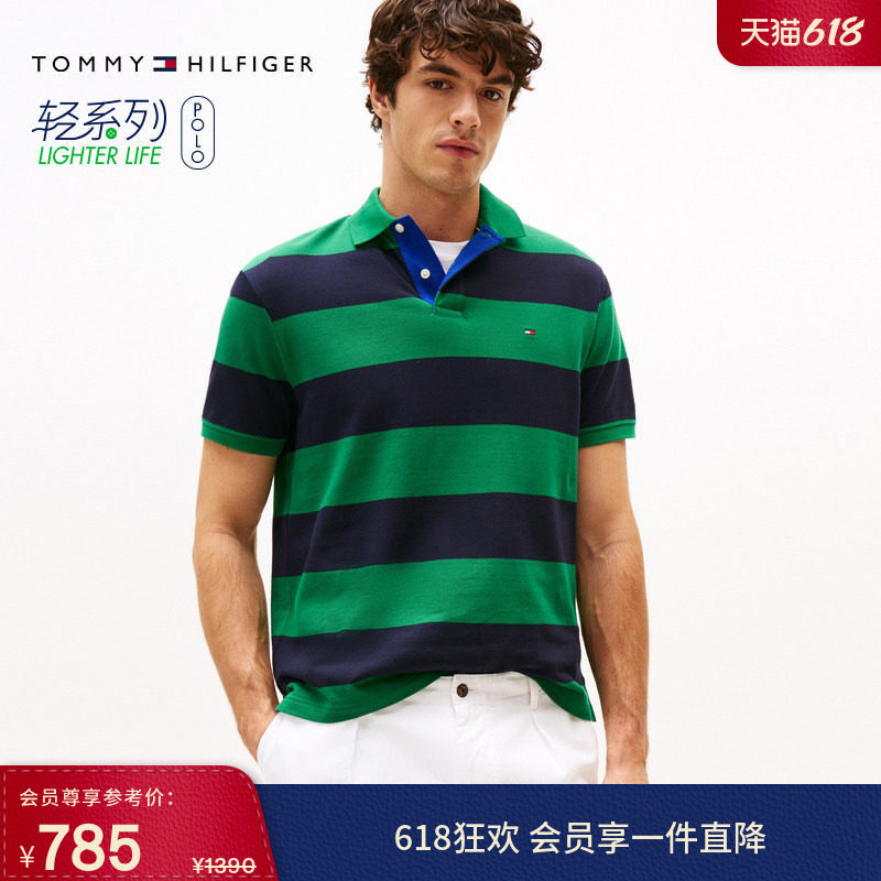 Tommy春夏男装珠地网眼休闲美式复古宽条纹宽松翻领短袖T恤POLO衫