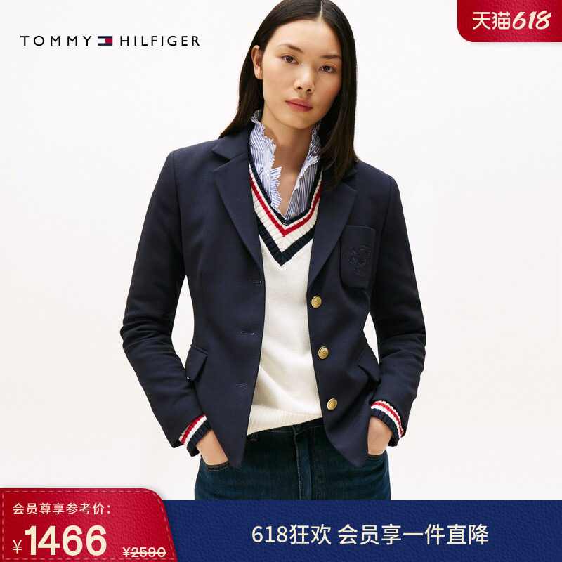Tommy秋冬女装商务休闲青春学院徽章刺绣翻领修身西服西装外套
