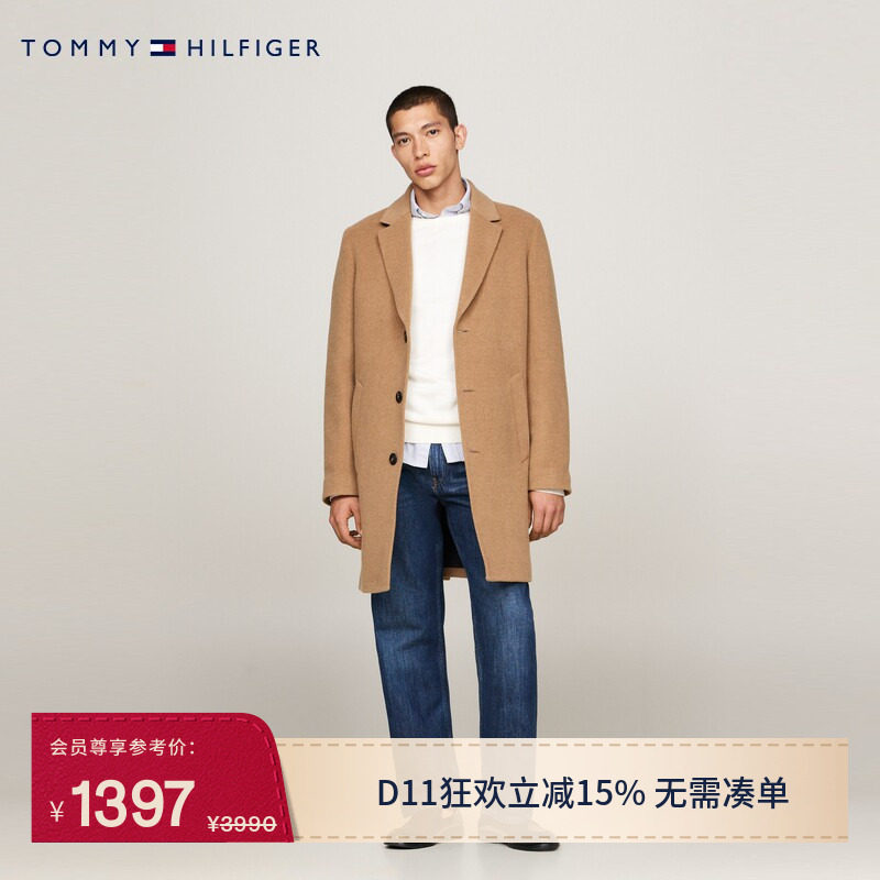 Tommy秋冬男装羊毛混纺都市休闲单排扣中长款翻领毛呢大衣外套
