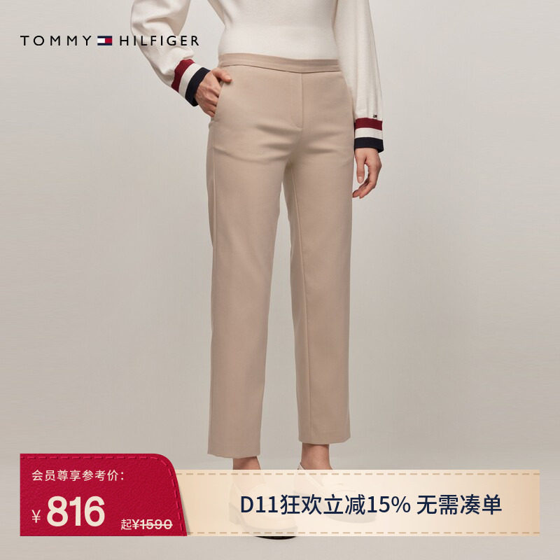 Tommy26秋冬新款女装半松紧腰经典简约金属标商务职场直筒休闲裤