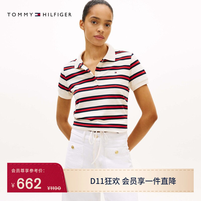 Tommy26春夏女装时尚潮流抽绳下摆休闲条纹四粒扣短袖T恤POLO衫