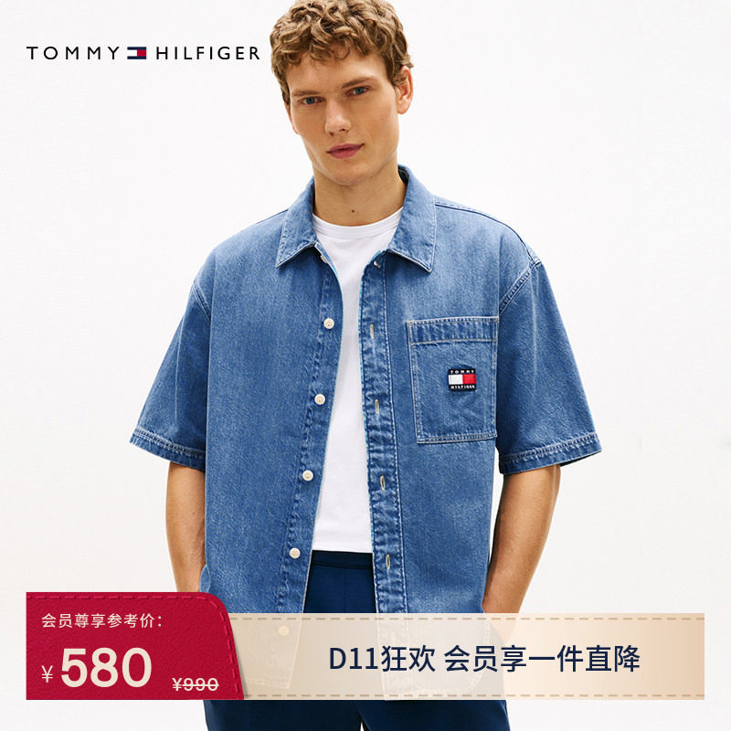 Tommy26春夏男女同款美式潮流旗标刺绣贴袋宽松牛仔西部短袖衬衫