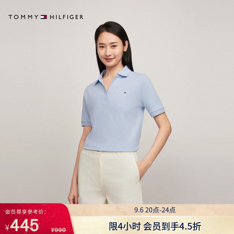 Tommy女装小绣标V领宽松POLO衫图片