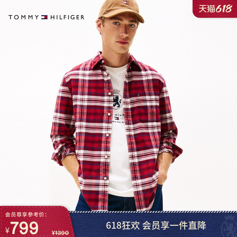 Tommy秋冬男装纯棉磨毛法兰绒经典美式复古休闲格纹长袖衬衫外套