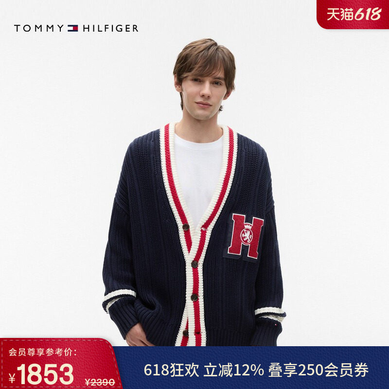 Tommy26春夏男女纯棉学院风撞色镶边慵懒宽松粗棒针织开衫外套