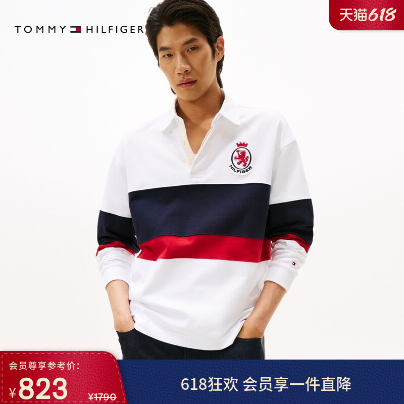 Tommy秋冬男女纯棉拼色徽章刺绣美式学院风宽松POLO领运动卫衣