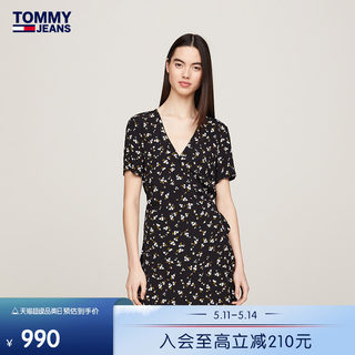 Tommy 24新款春夏女装复古轻薄交叉裹胸式V领修身碎花连衣裙17941