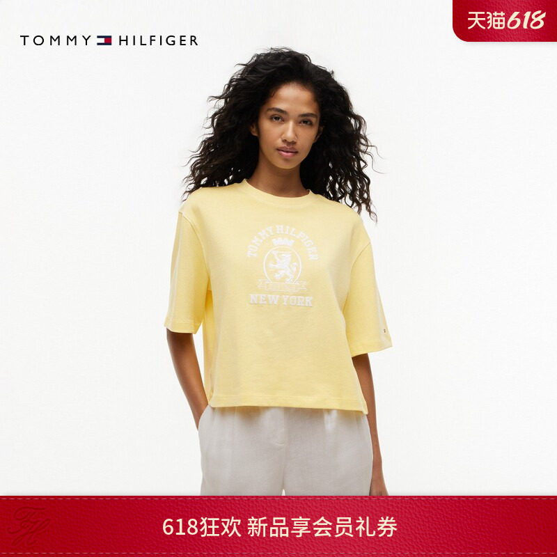 Tommy26夏季新款女装纯棉美式复古学院风徽章刺绣宽松短袖上衣T恤