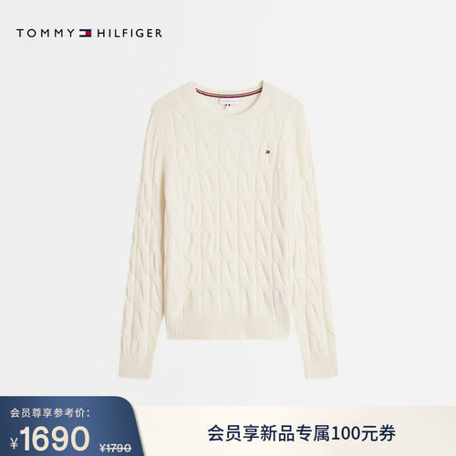 Tommy女装粗绞花圆领针织羊毛衫