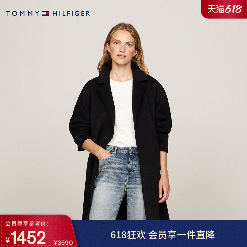 【羊毛混纺】Tommy秋冬女装气质休闲通勤收腰中长款毛呢大衣外套