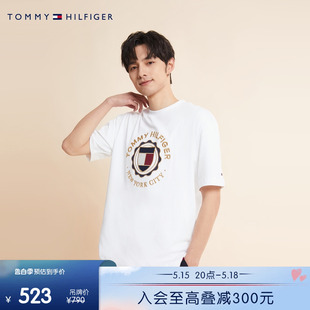 男装 Tommy 纯棉平纹休闲通勤重工徽章刺绣宽松短袖 T恤MW0MW31371