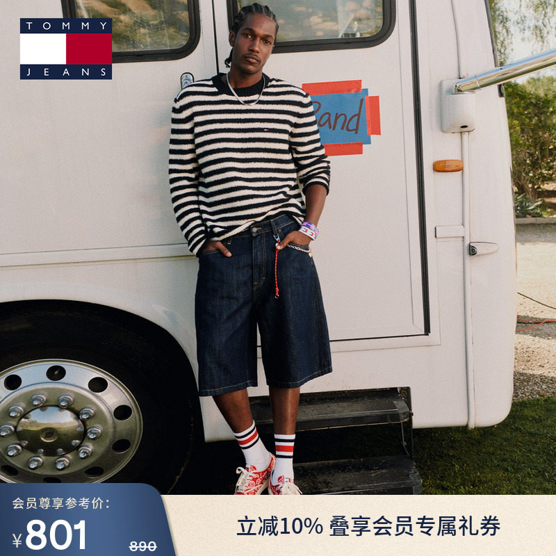 Tommy26秋冬新款男装棉亚麻混纺原色美式复古宽松直筒牛仔短裤