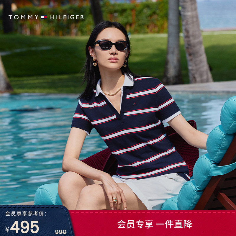 Tommy春夏女装珠地网眼休闲气质优雅通勤条纹V领短袖T恤POLO衫