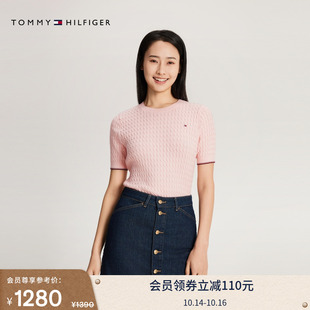 口内搭打底短袖 纯棉休闲镶边袖 Tommy春夏女装 针织衫 绞花圆领