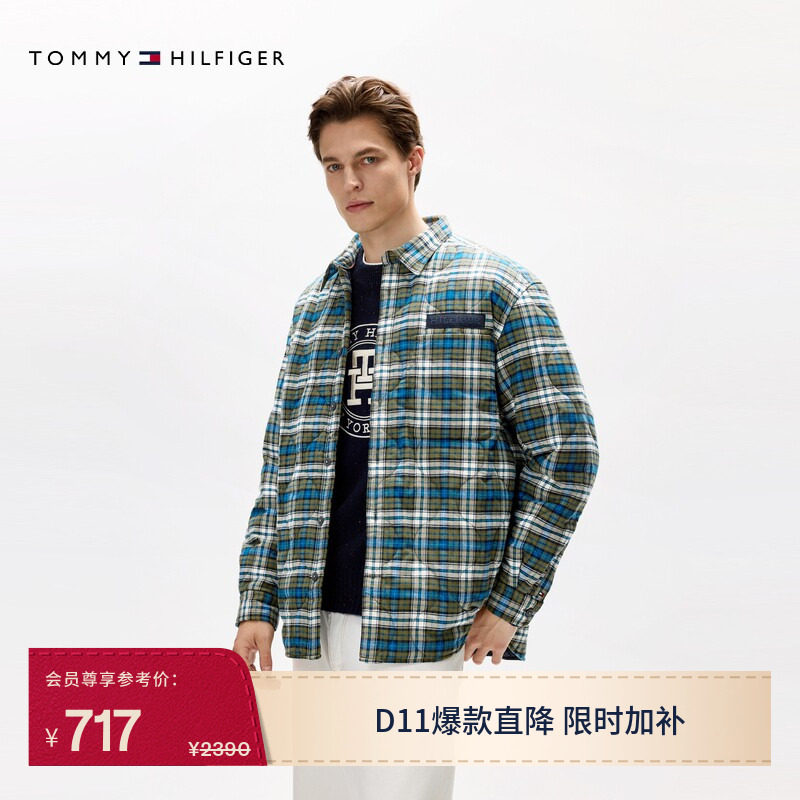 Tommy男装格纹绗缝轻薄翻领棉服