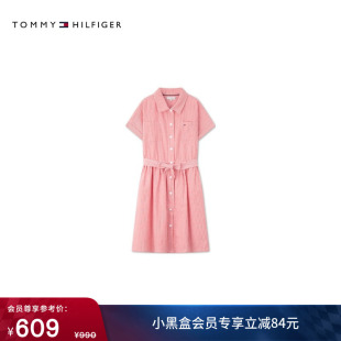 Tommy春夏童装女纯棉时尚洋气休闲条纹系带收腰短袖衬衫裙连衣裙