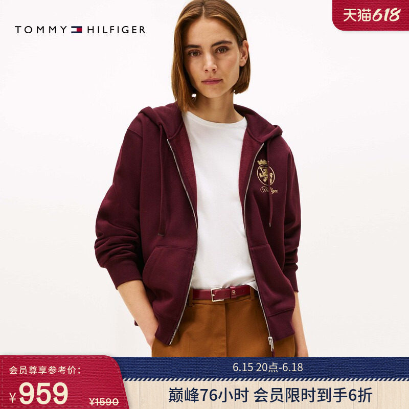 Tommy秋冬女装纯棉美式复古休闲运动风徽章刺绣连帽卫衣开衫外套