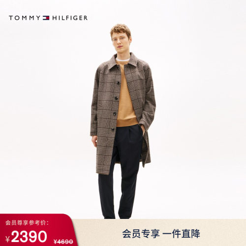 Tommy男装羊毛混纺格纹宽松大衣