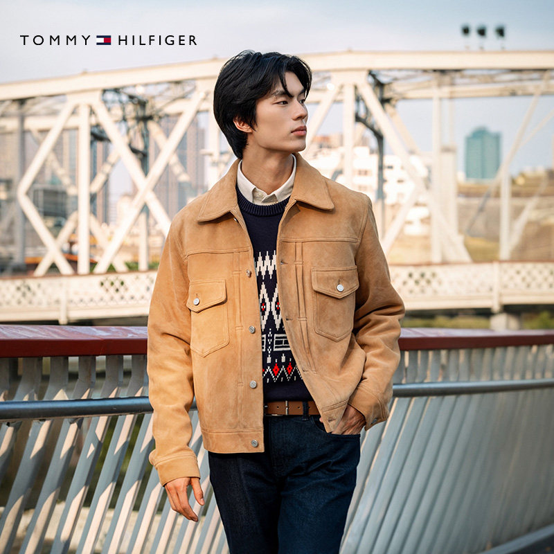 Tommy秋冬男装美式复古工装风贴袋做旧纽扣翻领反绒皮夹克外套