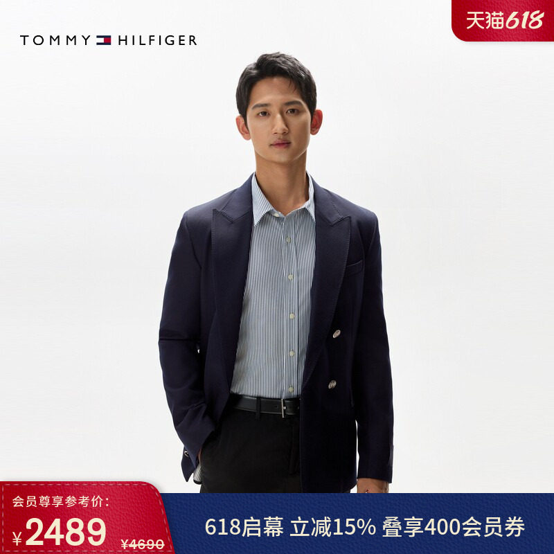 Tommy秋冬男装金属徽章双排扣商务休闲羊毛绅士风西服西装外套