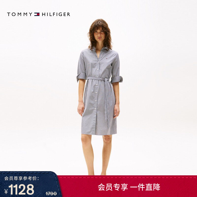Tommy春夏女装纯棉气质休闲通勤收腰显瘦亚洲版宽松衬衫裙连衣裙