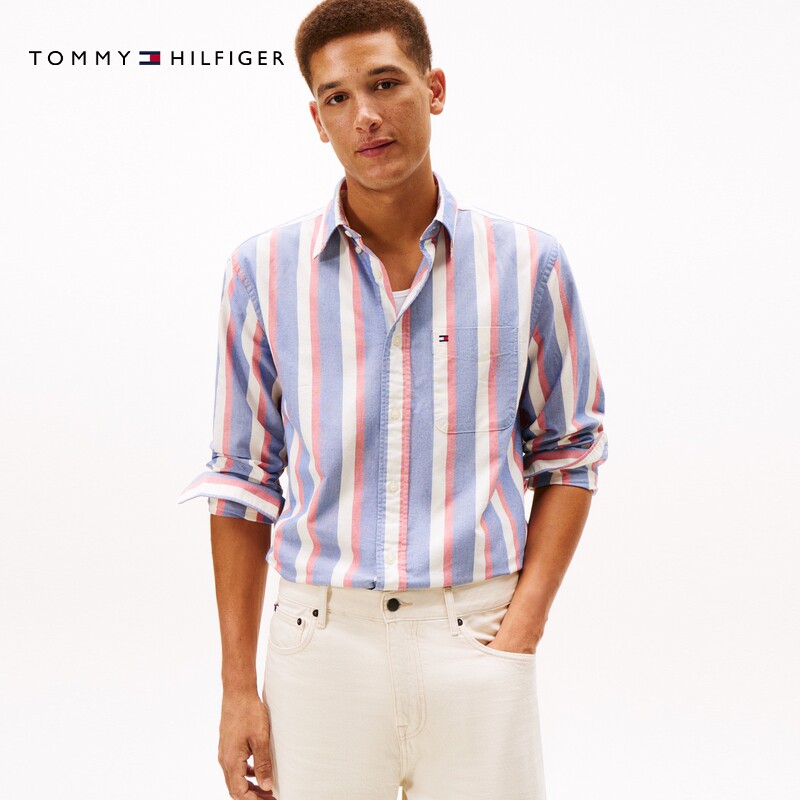 Tommy男装纯棉条纹宽松长袖衬衫