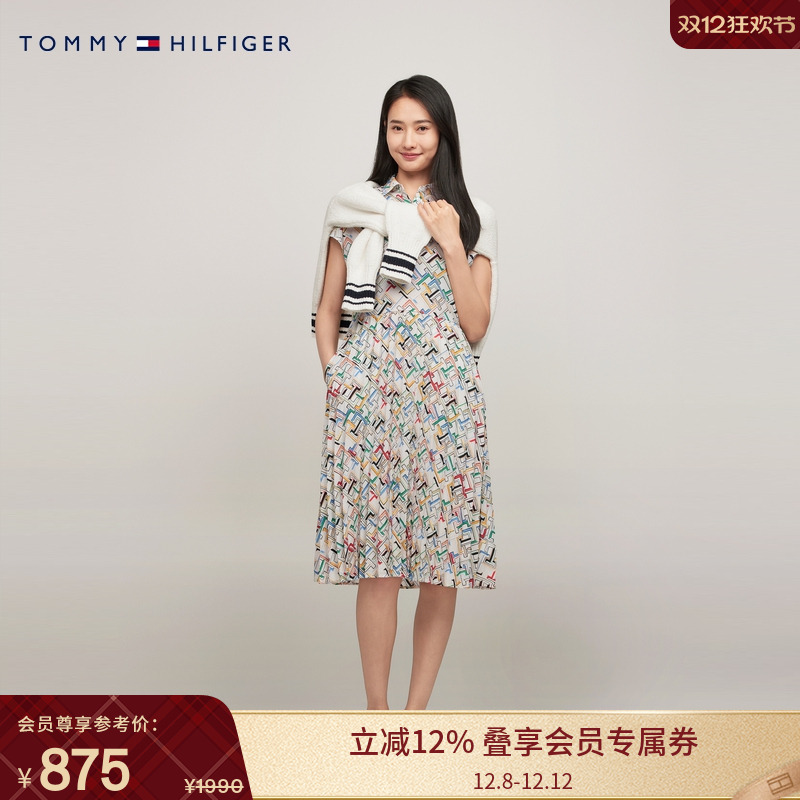 Tommy女装满印百褶拼接衬衫裙