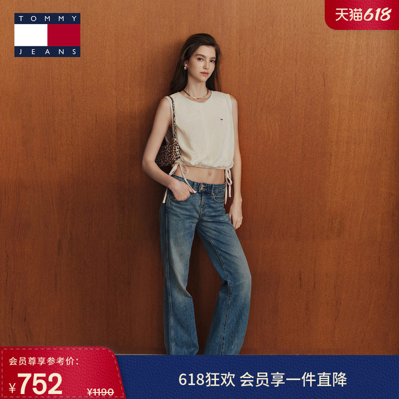 Tommy26春夏新款女装纯棉美式复古做旧磨白轻薄低腰喇叭裤牛仔裤