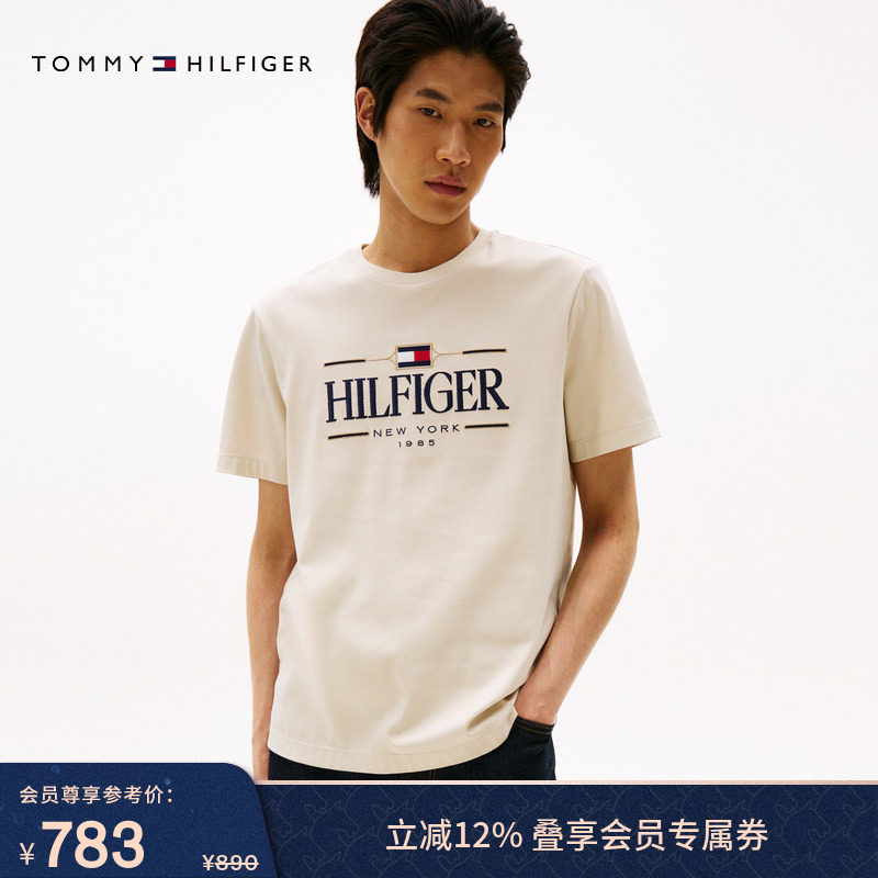 Tommy25秋冬新款男装丝光棉平纹针织休闲通勤刺绣圆领短袖上衣T恤