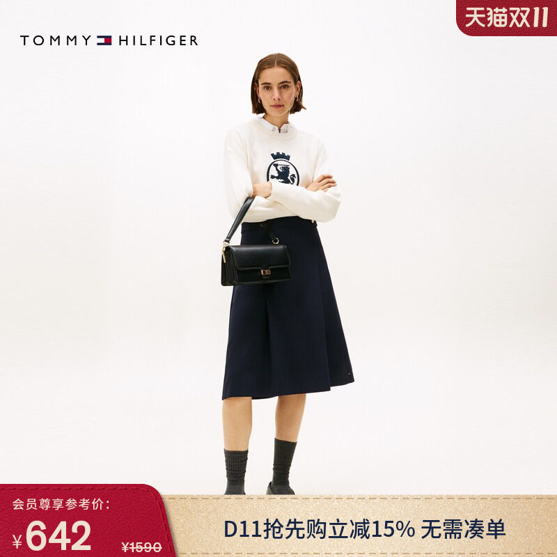 Tommy春夏女装气质优雅商务休闲通勤金属小标A字百褶西装裙半身