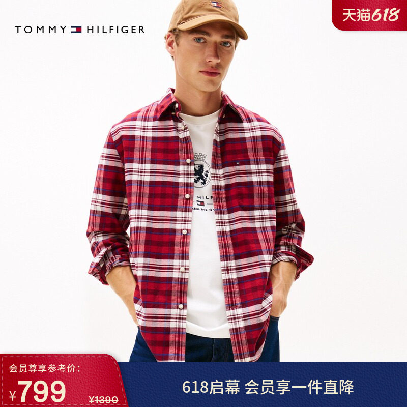 Tommy秋冬男装纯棉磨毛法兰绒经典美式复古休闲格纹长袖衬衫外套