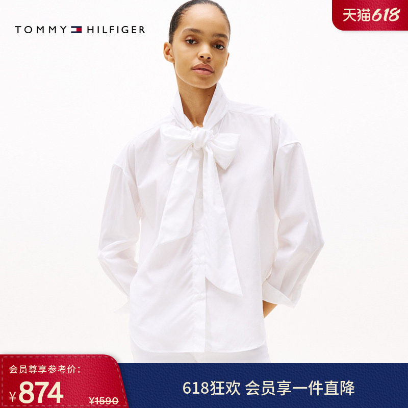 Tommy春夏女装气质休闲优雅纯棉蝴蝶结领宽松白色长袖衬衫外套
