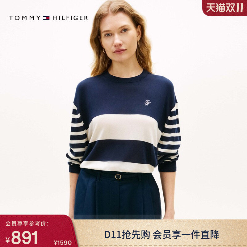 Tommy26秋冬女装顺滑桑蚕丝混纺休闲通勤刺绣条纹宽松圆领针织衫